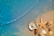 Starfish and seashell on summer beach in sea water. Summer background