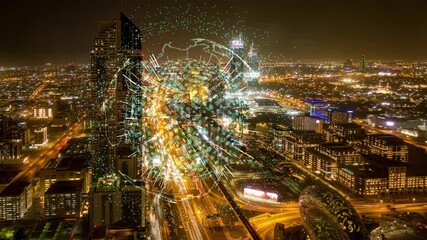 Poster - Smart City Aerial Drone Footage Hologram Information Arches Forming During Network Communication Futuristic Network and Technology 5G Drone Low Light 4k. Video loop, time lapse, Dubai UAE aerial view