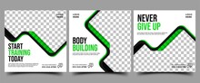 Gym, Fitness, Workout, Sport Social Media Template Collection. Modern Square Banner With Abstract Green Shape And Place For The Photo. Usable For Social Media, Banners, And Websites.