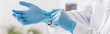 © LIGHTFIELD STUDIOS - partial view of physician putting on blue latex gloves in clinic, banner