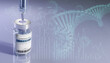 Medical syringe and vaccine bottle. Vaccine illustration. Bottle and syringe with needle. There is a graph, virus cell and dna on the background.