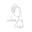 Vector one line art illustration of a new born baby heels and word love