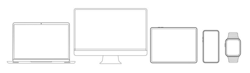 Poster - outline line drawing modern smartphone. set of devices icons. computer, laptop, tablet, watch and sm