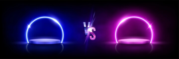 Poster - glowing neon blue versus pink circles on podiums on black background. abstract round electric light 