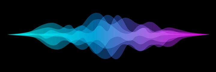 Poster - Abstract audio sound wave background. Blue and purple voice or music signal waveform vector illustration. Digital beats of volume color soundwave. Graphic electronic curve shape