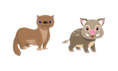 Sticker - Cute Woodland Animals with Boar and Stoat Vector Set