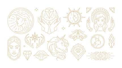 Wall Mural - magic woman boho vector illustrations of graceful feminine women and esoteric symbols set