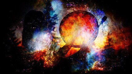 Poster - shamanic girl with frame drum on abstract structured space background.