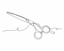 Continuous One Line Of Scissors Or Shears Professional Barber Hair Cutting In Silhouette On A White Background. Linear Stylized.Minimalist.