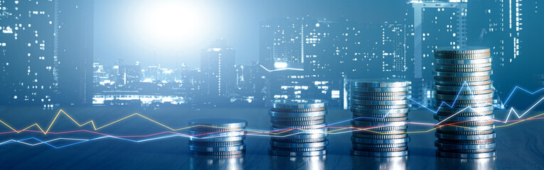 Wall Mural - Financial investment - Double exposure of graph and rows of coins for finance and business concept, Forex trading market candlestick chart, Cryptocurrency Digital economy. investing growing, economy.