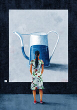 Woman In Floral Dress Looking At Painting Of Watering Can