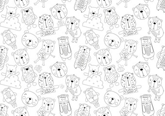 Wall Mural - Coloring book pages of animals seamless pattern. Woodland animals – cute bear. Vector illustration.