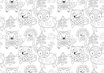 Wall Mural - Coloring pages of wild animals seamless pattern. Forest animals fox, badger, hedgehog, deer. Vector illustration. Painting for kids.