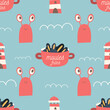 Seafood French cartoon seamless pattern. Vector illustration. Mussels and lobster.