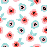 Fototapeta Motyle - Cute romantic seamless pattern with abstract flowers and leaves in blue pink colors. Modern flat style, memphis design. Hand drawn vector illustration. Texture for print, fabric, textile, wallpaper.
