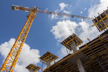 Poster - Formwork for monolithic construction. Building construction on monolithic technology. Construction of monolithic walls at a construction site.