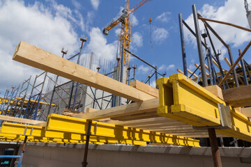 Poster - Formwork for monolithic construction. Building construction on monolithic technology. Construction of monolithic walls at a construction site.