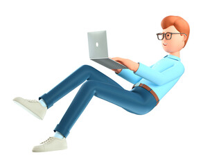 3D illustration of cute smiling man with laptop flying in air, isolated on white. Cartoon falling relaxing businessman, freelancer using social networks, online working.