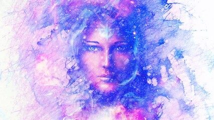 Fototapete - Goddess Woman . Cosmic Space background. eye contact.