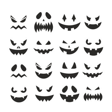halloween pumpkin jack-o-lantern faces vector illustration. october party scary black clipart collec