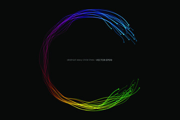 Poster - Abstract wavy dynamic spectrum light lines circle swirl round frame isolated on black background in concept technology, neural network, neurology, science, music.