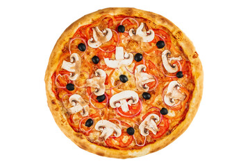 Sticker - traditional Italian pizza with ham and chicken, drizzled with bbq sauce . on a white isolated background