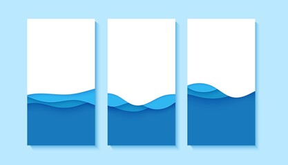 Wall Mural - Set of flyers with blue waves in paper cut style. Collection of three papercut art empty banners for environment or World Water day. Vector advertising poster template for Save the Oceans day 8 june.