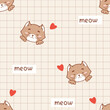 © Takoyaki Shop - Cute kitten seamless pattern. Vector Checkered background with cartoon cat for unisex clothes, fabric, textile, cover or decoration. Funny purr kitten with heart and meow pattern. Cat with paws print