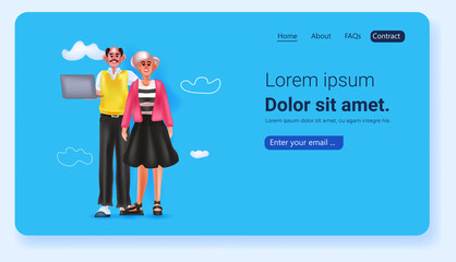 Poster - senior couple using laptop social media network concept full length copy space