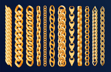 Set Of Gold Chains Of Different Shapes, Weaves, Sizes. Vector Illustration