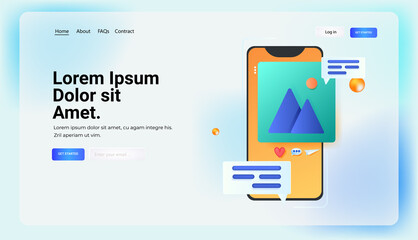 Poster - online messenger app on smartphone screen social media network online communication concept horizontal
