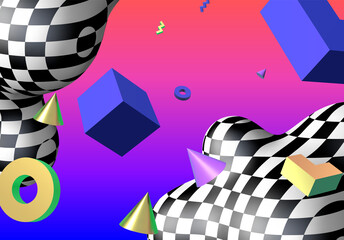 Poster - Abstract background with flying colorful 3D geometric shapes over vibrant gradient backdrop. Lush and bold colored abstraction with checkered shape in 90s style.