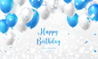 Elegant golden blue silver white ballon and party popper ribbon Happy Birthday celebration card banner template