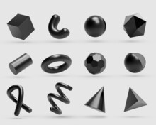 Realistic 3D Black Metal Geometric Shapes Objects. Realistic Geometry Elements Isolated On White Background With Metallic Color Gradient.