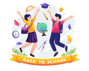 Wall Mural - Back to school concept design. Students are happy to be back at the school. vector illustration