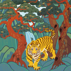 Wall Mural - Oriental painting Asian traditional illustration tiger and pine