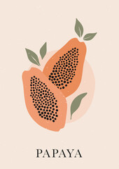 Wall Mural - Boho aesthetic wall art poster. Minimalist cover design. Bohemian  wall print with ripe Papaya fruit. Vector papaya fruit art illustration.