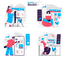 Poster - Design studio concept set. Designers draw images, layout elements, choose colors. People isolated scenes in flat design. Vector illustration for blogging, website, mobile app, promotional materials.