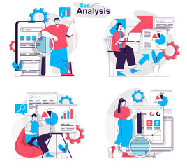 Poster - Seo analysis concept set. Analysts research statistics, keywords, optimize search. People isolated scenes in flat design. Vector illustration for blogging, website, mobile app, promotional materials.