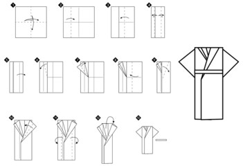 Poster - How to make origami kimono bookmark. Step by step black and white DIY instructions. Outline monochrome vector illustration.