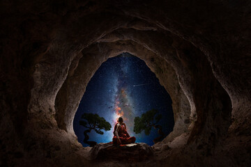 Wall Mural - buddhist monk meditation from a natural cave