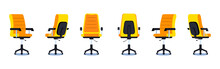 Office Chair In Front, Side And Back Angles. Armchair Set In Various Points Of View. Flat Vector Illustration Of An Empty Office Desk Chair.
