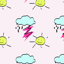 Pattern For Fabric, Children's Print With A Sun And A Zipper, A Funny Picture About The Weather