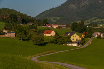 Semriach village with Schockl hill over in sunset sunny evening