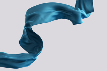 Blue satin cloth design element, isolated piece of blowing fabric wave, elegant textiles 3d rendering