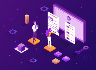 Scene for web design concept. Conceptual template with computer and people building website interface. Man and woman create website using special tools and programs. Cartoon flat vector illustration