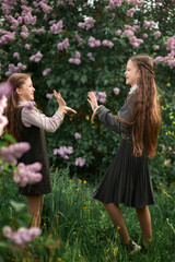 Wall Mural - Two cute schoolgirls in school uniform among lilacs in spring