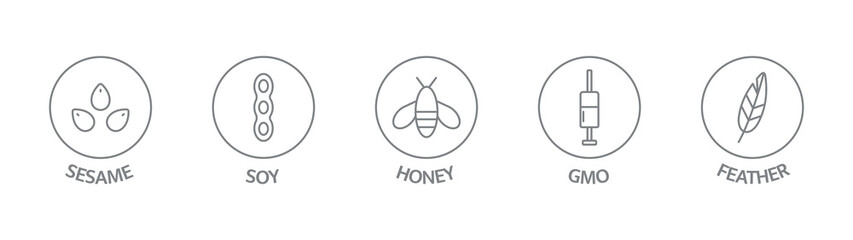 Leinwandbilder - Allergen line icon set. Honey, soy, gmo, feather, sesame free badges. Organic and natural food labels. Allergy warning ingredients. Healthy, organic, bio food. Zero waste. Vector illustration