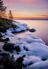 Wall Mural - sunrise over the lake with ice covered stones 