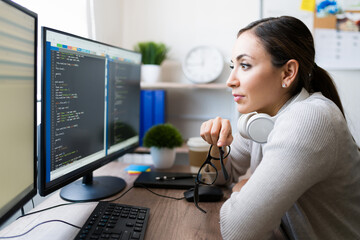 Beautiful programmer checking her code